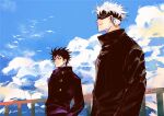  2boys bangs bird black_blindfold black_jacket blindfold blue_eyes blue_sky buttons closed_mouth cloud commentary_request day f_rabbit fushiguro_megumi gojou_satoru hair_between_eyes high_collar jacket jujutsu_kaisen long_sleeves looking_at_another male_focus multiple_boys outdoors school_uniform seagull short_hair sky smile spiked_hair standing white_hair 