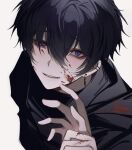  1boy 1other bangs black_hair black_hoodie blood blood_on_clothes blood_on_face ear_piercing earrings hair_between_eyes holding_another&#039;s_wrist hood hood_down hoodie indie_virtual_youtuber jewelry looking_at_viewer muyekikikikikikikiya parted_bangs piercing pov purple_eyes raised_eyebrows short_hair shoto_(vtuber) smile solo_focus upper_body virtual_youtuber white_background 