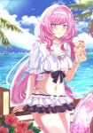  1girl :d bangs bikini blue_eyes blue_sky blush breasts chocola_s cleavage cloud cloudy_sky cup drinking_straw elf elysia_(honkai_impact) food frilled_bikini frills grin headband highres holding holding_cup honkai_(series) honkai_impact_3rd ice_cream innertube jewelry long_hair looking_at_viewer navel necklace outdoors palm_tree pink_hair pointy_ears ponytail short_sleeves sky smile solo swimsuit teeth tree water white_bikini 