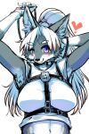  &lt;3 2:3 5_fingers anthro armpit_hair big_breasts black_nose body_hair breasts canid canine canis cheek_tuft clothing collar digital_media_(artwork) facial_tuft female female_anthro fingers fur grey_body grey_fur hair hand_behind_head harness hi_res holding_leash holding_object kemono leash leash_and_collar long_hair looking_at_viewer mammal midriff navel okami_bark one_eye_closed ookamiwaho pawpads ponytail purple_eyes raised_arm shirt simple_background smile solo tank_top topwear tuft white_body white_clothing white_fur white_hair white_shirt white_tank_top white_topwear wink wolf 