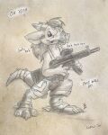  2022 alternate_species anthro clothed clothing dialogue english_text flinters gun hair hi_res horn kobold male monochrome open_mouth ranged_weapon rifle solo text weapon 