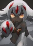  1girl claws commentary_request dark-skinned_female dark_skin extra_arms fangs faputa furry furry_female highres looking_at_viewer made_in_abyss monster_girl open_mouth short_hair simple_background solo teeth umino_mozuku white_fur white_hair yellow_eyes 