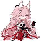  1girl animal_ears arknights arrow_(projectile) ascot banbon bare_shoulders black_bra black_gloves bra braid chibi cowboy_shot elbow_gloves extra_ears gloves hair_ornament highres long_hair looking_at_viewer pink_eyes pink_hair pozyomka_(arknights) red_ribbon red_skirt ribbon simple_background skirt solo underwear very_long_hair white_ascot white_background wolf_ears wolf_girl 