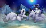  2020 abluedeer anthro arctic_fox breasts canid canine dipstick_tail duo ethereal_hair female fox fur genitals holly_(abluedeer) mammal markings moon navel night nipples nude outside partially_submerged pawpads pink_pawpads pussy starry_hair tail_markings wet white_body white_fur 