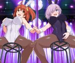  2girls ahoge animal_ears ass_visible_through_thighs bangs black_leotard blush breasts brown_pantyhose covered_navel crotch disco_ball fake_animal_ears fake_tail fate/grand_order fate_(series) fujimaru_ritsuka_(female) hair_over_one_eye haruhisky highleg highleg_leotard highres holding_hands large_breasts leotard light_purple_hair looking_at_another looking_to_the_side mash_kyrielight multiple_girls one_side_up open_mouth orange_eyes orange_hair pantyhose playboy_bunny purple_eyes rabbit_ears rabbit_tail short_hair smile spread_legs stool strapless strapless_leotard stripper_pole tail white_leotard wrist_cuffs 