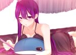  1girl bangs bed blush breasts cleavage doki_doki_literature_club hair_intakes hair_ornament hairclip highres holding holding_pen large_breasts lingerie long_hair lying negligee on_stomach pen purple_eyes purple_hair saihara_homare solo stuffed_toy sweat underwear yuri_(doki_doki_literature_club) 