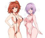  2girls ahoge areola_slip bangs bare_shoulders black_swimsuit blush breasts collarbone covered_nipples fate/grand_order fate_(series) fujimaru_ritsuka_(female) hair_over_one_eye haruhisky highres large_breasts light_purple_hair looking_at_viewer mash_kyrielight multiple_girls navel one_side_up open_mouth orange_eyes orange_hair purple_eyes short_hair slingshot_swimsuit smile swimsuit thighs white_swimsuit 