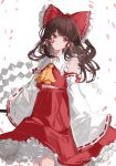  1girl bare_shoulders bow brown_hair closed_mouth collared_shirt detached_sleeves frilled_bow frilled_shirt_collar frilled_skirt frills gohei hair_bow hair_tubes hakurei_reimu holding long_hair long_sleeves looking_at_viewer petals red_bow red_eyes red_shirt red_skirt ribbon-trimmed_sleeves ribbon_trim shirt simple_background skirt sleeveless sleeveless_shirt sleeves_past_fingers sleeves_past_wrists solo suashi touhou white_background white_sleeves wide_sleeves 