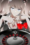  1girl ball bangs bear_hair_ornament black_shirt blue_eyes bow danganronpa:_trigger_happy_havoc danganronpa_(series) enoshima_junko hair_ornament hands_up highres holding holding_ball long_hair nail_polish red_bow red_nails roulette roulette_table shirt smile solo twintails upper_body vo1ez 