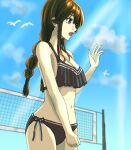  1girl alternate_costume bangs bikini black_bikini blue_sky braid brown_hair cloud commentary_request day frilled_bikini frills green_eyes kantai_collection light_rays long_hair noshiro_(kancolle) outdoors shirushi_(shirushi450) side-tie_bikini sky solo sunbeam sunlight swept_bangs swimsuit twin_braids volleyball_net 