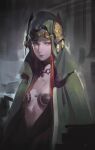  1girl breasts brown_hair choker closed_mouth cressida_obdilord highres hood jewelry lipstick long_hair looking_at_viewer makeup navel necklace open_clothes open_robe purple_eyes robe shuichi_wada solo tactics_ogre 