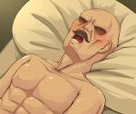  1boy abs bald blush commentary_request faceless faceless_male facial_hair highres kitsunerider male_focus manatsu_no_yo_no_inmu mustache no_nipples open_mouth original pectorals pillow solo topless_male upper_body 