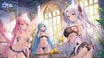  3girls ahoge ass auro_drm azur_lane bangs bird blue_hair bra breasts character_request cleavage commentary_request copyright_name day flower hair_ornament highres indoors lifted_by_self logo long_hair looking_at_viewer manjuu_(azur_lane) medium_breasts mirror multicolored_hair multiple_girls navel official_art panties pink_hair prinz_eugen_(azur_lane) red_hair reflection shiny shiny_hair smile stomach table thighs two-tone_hair underwear white_hair window 