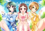  3girls ahoge bag bangs brown_hair choker dress earrings floral_print flower glasses green_eyes green_hair hair_flower hair_ornament highres ic_6cha idolmaster idolmaster_cinderella_girls jewelry knees_together_feet_apart multiple_girls muramatsu_sakura necklace new_wave_(idolmaster) ohishi_izumi open_mouth pink_eyes ribbon short_twintails strapless strapless_dress tsuchiya_ako twintails 