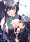  2girls animal_ears black_dress black_hair blue_archive breasts china_dress chinese_clothes dress dual_persona face_to_breasts feather_boa green_eyes hair_ornament hairclip kagamimochi_(hayamichi1117) large_breasts long_hair looking_at_viewer multiple_girls ponytail shun_(blue_archive) shun_(small)_(blue_archive) sidelocks smile tassel tiger_ears two_side_up 