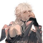  1boy antenna_hair bandaid bandaid_on_cheek bandaid_on_face bishounen black_choker character_request choker ear_piercing fingerless_gloves gloves hair_over_shoulder half-closed_eyes highres long_hair looking_at_viewer male_focus onmyoji piercing solo wanshi_jie_xu white_background white_hair 