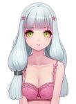  1girl bangs blunt_bangs bra breasts cleavage clothing_cutout collarbone freeinni girls&#039;_frontline green_eyes grey_hair hair_ornament heart_cutout highres hk416_(girls&#039;_frontline) long_hair looking_at_viewer medium_breasts mole mole_under_eye parted_lips pink_bra shiny shiny_hair simple_background solo underwear underwear_only upper_body white_background 