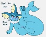  absurd_res anthro aquatic_mammal aroused_smile blue_pawpads eeveelution english_text female genitals hand_on_leg hand_on_thigh hi_res inviting_to_fuck inviting_to_sex jitterclaws looking_at_viewer nintendo pawpads pok&eacute;mon pok&eacute;mon_(species) presenting presenting_pussy pussy solo solo_focus tail text vaporeon video_games 