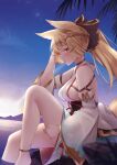  1girl animal_ears ankle_strap bangs bare_shoulders blush braid breasts commentary_request detached_sleeves from_side granblue_fantasy highres keima_ron knee_up large_breasts long_hair long_sleeves outdoors parted_lips ponytail purple_eyes sitting thighs white_sleeves yuisis_(granblue_fantasy) 