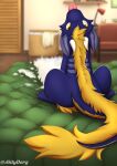  absurd_res aldyderg arch_(goodornot) bed bedding bedroom blonde_hair blue_body blue_fur dragon feral fur furniture furred_dragon hair hi_res looking_at_viewer male sitting solo tongue tongue_out 