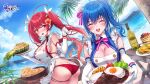 2girls ahoge apron ass azur_lane bangs bare_shoulders beach blue_hair blue_sky blush bracelet breasts cleavage closed_eyes cloud cloudy_sky commentary_request copyright_name day elbow_gloves flower food fried_egg glass_bottle gloves hair_flower hair_ornament highres holding holding_plate honolulu_(azur_lane) jewelry large_breasts lettuce logo long_hair multiple_girls ocean official_art open_mouth outdoors plate rangu red_eyes red_hair rice shiny shiny_hair side_ponytail simple_background sky smile spatula st._louis_(azur_lane) table thigh_strap thighs tomato twintails twisted_torso upper_body vegetable water 