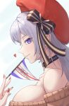  1girl anniversary azur_lane bangs bare_shoulders belfast_(azur_lane) belfast_(shopping_with_the_head_maid)_(azur_lane) beret bow breasts brown_sweater choker closed_mouth collarbone copyright_name earrings flag from_side grey_hair hair_bow hair_ribbon hat heart highres holding holding_flag hoop_earrings jewelry large_breasts lips long_hair looking_at_viewer nail_polish official_alternate_costume profile purple_eyes red_headwear red_nails ribbon ropi_(yyuichi29) sideboob smile solo sweater upper_body white_background 