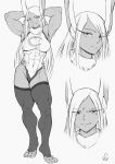  1girl abs absurdres animal_ear_fluff animal_ears armpits arms_behind_head arms_up bangs biceps boku_no_hero_academia breasts crescent_print dark-skinned_female dark_skin expressionless facing_viewer forehead fur-trimmed_collar greyscale grin groin highres impossible_clothes impossible_leotard leotard long_eyelashes long_hair looking_at_viewer medium_breasts mirko monochrome multiple_views muscular muscular_female navel outline parted_bangs rabbit_ears sidelocks sideways_glance signature simple_background sketch skin_tight smile smirk solo speedl00ver standing taut_leotard thick_thighs thighhighs thighs very_long_hair white_background 