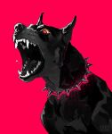  animal animal_collar artist_name canis-infernalis chain collar colored_sclera doberman dog highres no_humans open_mouth orange_sclera original pink_background pink_eyes sharp_teeth simple_background spiked_collar spikes teeth 