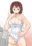  1girl breasts brown_eyes brown_hair casual_one-piece_swimsuit commentary_request commission cosplay cowboy_shot enjaku_izuku flower frilled_swimsuit frills hair_flower hair_ornament hairband headband highres hyuuga_(kancolle) kantai_collection looking_at_viewer medium_breasts one-piece_swimsuit sagiri_(kancolle) sagiri_(kancolle)_(cosplay) short_hair side-tie_swimsuit solo swimsuit wet wet_clothes wet_swimsuit white_swimsuit 