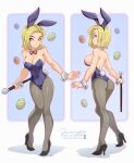  1girl android_18 animal_ears blonde_hair blue_eyes bow bowtie breasts covered_navel detached_collar dragon_ball dragon_ball_z easter_egg egg fake_animal_ears fake_tail high_heels highres jammeryx knees_together_feet_apart large_breasts looking_at_viewer medium_hair multiple_views pantyhose playboy_bunny rabbit_ears rabbit_tail red_bow red_bowtie scepter tail wrist_cuffs 
