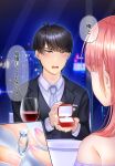  1boy 1girl absurdres alcohol bangs bare_shoulders black_hair black_suit blunt_bangs blush cup dress drinking_glass earrings embarrassed formal from_behind go-toubun_no_hanayome highres indoors jewelry kurosaki_coco nail_polish nakano_nino necktie night open_mouth pink_hair pink_nails proposal purple_dress restaurant ring shirt sidelocks skyline suit table uesugi_fuutarou v-shaped_eyebrows white_necktie white_shirt wine wine_glass yellow_eyes 