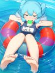  1girl abmayo absurdres bangs barefoot blue_swimsuit breasts green_eyes green_hair hatsune_miku highres in_water innertube long_hair looking_at_viewer medium_breasts shiny shiny_hair solo swimsuit translated twintails vocaloid water wet 