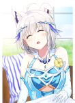  1girl ahoge animal_ear_fluff animal_ears blue_dress blurry blurry_background blush closed_eyes commentary_request dress earrings elbow_gloves extra_ears fox_ears fox_girl gloves hair_between_eyes highres hololive homulily jewelry open_mouth pillow shirakami_fubuki sleeping solo virtual_youtuber white_hair 