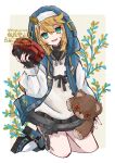  1boy androgyne_symbol blonde_hair bloomminority blue_eyes blush boots bridget_(guilty_gear) flower grey_background guilty_gear guilty_gear_strive highres hood hood_up long_sleeves looking_at_viewer open_mouth seiza sitting smile solo stuffed_animal stuffed_toy teddy_bear transgender white_background 