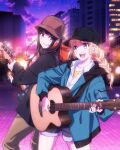  2girls :d baseball_cap black_coat black_hair black_headwear blonde_hair blue_coat blue_eyes braid brown_eyes brown_headwear brown_pants coat collarbone collared_shirt dress_shirt evening grey_shorts grin guitar hat highres instrument jewelry kuon_nanami long_hair multiple_girls music necklace open_clothes open_coat pants paripi_koumei playing_instrument road shiny shiny_hair shirt short_shorts shorts smile street tsukimi_eiko white_shirt wing_collar yellow_shirt 