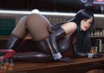  1girl alcohol all_fours animal_ears bangs bare_shoulders black_gloves black_hair black_leotard black_panties black_skirt black_thighhighs blurry blurry_background breasts chinese_commentary counter cup elbow_gloves fake_animal_ears final_fantasy final_fantasy_vii final_fantasy_vii_remake forehead full_body glass gloves high_heels indoors large_breasts latex latex_gloves latex_legwear leotard long_hair panties pantyhose parted_bangs parted_lips patreon_username playboy_bunny red_footwear red_lips sade_abyss shiny sideboob signature skirt solo spread_legs stiletto_heels thighhighs tifa_lockhart underwear wrist_cuffs 