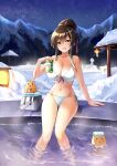  5girls absurdres akusamu alternate_costume alternate_hairstyle azur_lane beer_can bikini black_hair breasts can cannon cleavage hair_bun harbin_(azur_lane) highres holding holding_can large_breasts long_hair manjuu_(azur_lane) mountain multiple_girls namesake onsen partially_submerged product_placement rigging side-tie_bikini single_hair_bun sitting snow swimsuit towel towel_on_head yellow_eyes 