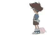  1boy bangs black_footwear blue_shirt brown_hair brown_shorts digimon digimon_(creature) digimon_adventure from_behind from_side gloves goggles goggles_on_head grey_gloves hamoo8686 highres koromon male_focus medium_hair profile shirt shoes short_sleeves shorts simple_background standing white_background white_footwear yagami_taichi 