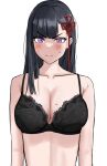  1girl absurdres bangs bare_shoulders black_bra black_hair blush bra breasts cleavage closed_mouth collarbone hair_ribbon highres hum455 long_hair looking_at_viewer mato_seihei_no_slave medium_breasts purple_eyes red_ribbon ribbon solo sweatdrop underwear upper_body white_background yamashiro_ren 