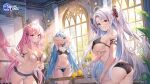  3girls ahoge armpits ass auro_drm azur_lane bangs bare_shoulders bikini bird blue_hair blush bow breasts brown_eyes character_request cleavage collarbone commentary_request copyright_name day flower frilled_bikini frills hair_bow hair_ornament highres indoors logo long_hair looking_at_viewer manjuu_(azur_lane) medium_breasts mirror multicolored_hair multiple_girls navel official_art panties parted_lips pink_hair prinz_eugen_(azur_lane) red_eyes red_hair reflection shiny shiny_hair smile stomach swimsuit table thighs twintails two-tone_hair underwear white_hair window 