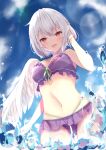  1girl absurdres bare_arms bare_legs bare_shoulders bikini blush braid breasts cowboy_shot day feathered_wings hair_between_eyes highres kishin_sagume large_breasts navel niko_kusa open_mouth purple_bikini red_eyes short_hair single_wing smile solo swimsuit touhou white_hair white_wings wings 