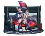  2girls absurdres alternate_costume arm_behind_head asymmetrical_legwear azur_lane breasts c.h.a car checkered_floor cleavage cleavage_cutout closed_umbrella clothing_cutout commentary_typo essex_(azur_lane) flag full_body grey_hair ground_vehicle highres large_breasts long_hair looking_at_viewer microskirt motor_vehicle multiple_girls navel_cutout orange_eyes purple_hair purple_skirt purple_socks purple_thighhighs race_queen race_vehicle racecar red-framed_eyewear revealing_clothes semi-rimless_eyewear shangri-la_(azur_lane) sitting skirt smile socks spoiler_(automobile) sports_car standing teeth thighhighs transparent_background umbrella white_footwear 