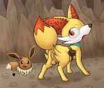  absurd_res anus balls black_nose bodily_fluids brown_body butt canid canine clothed clothing duo eevee everstone_guild fennekin feral fur gau_(artist) genitals hi_res inner_ear_fluff kitsu_(gau) looking_back male mammal neck_tuft nervous nintendo open_mouth pok&eacute;mon pok&eacute;mon_(species) pok&eacute;mon_mystery_dungeon presenting presenting_hindquarters raised_tail smile stare staring_at_penis sweat tongue tuft unnamed_character video_games wet y_anus yellow_body 