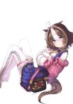  aaroza absurdres ahoge animal_ears ascot bag breasts brown_hair frilled_ascot frills gloves hairband hands_on_own_breasts hands_on_own_chest high_heels highres horse_ears horse_girl horse_tail large_breasts meisho_doto_(umamusume) pantyhose pink_hairband purple_eyes short_hair shoulder_bag sitting sweater tail umamusume white_background white_gloves white_hair white_pantyhose 