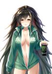  1girl absurdres ahoge akusamu alternate_costume azur_lane black_hair blush bottomless breasts can cleavage cowboy_shot green_jacket hair_between_eyes harbin_(azur_lane) highres holding holding_can jacket large_breasts long_hair mole mole_under_eye monster_energy multicolored_hair naked_jacket open_clothes open_jacket ponytail product_placement shirt sleeves_past_wrists streaked_hair white_background white_shirt yellow_eyes 