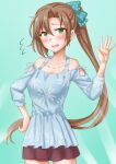  1girl akigumo_(kancolle) anti_(untea9) aqua_background aqua_shirt blue_dress blush breasts brown_hair brown_skirt casual collarbone cowboy_shot dress gradient gradient_background green_eyes hair_between_eyes hair_ribbon highres kantai_collection long_hair long_sleeves looking_at_viewer medium_breasts mole mole_under_eye official_alternate_costume open_mouth ponytail ribbon shirt skirt solo sweatdrop twitter_username 