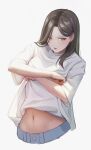  1girl brown_hair c-eye clothes_lift highres lifted_by_self long_hair midriff navel open_mouth original shiny shiny_hair simple_background sketch solo stomach straight_hair sweater sweater_lift white_background white_sweater yellow_eyes 