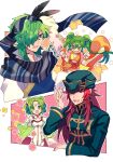  2boys 2girls armor bangs bracelet circlet double_bun dress fire_emblem fire_emblem:_genealogy_of_the_holy_war fire_emblem:_the_sacred_stones flower gloves green_eyes green_hair hair_between_eyes hair_bun hair_over_one_eye hat highres jewelry joshua_(fire_emblem) kurimori l&#039;arachel_(fire_emblem) lewyn_(fire_emblem) long_sleeves midriff multiple_boys multiple_girls open_mouth red_eyes red_hair scarf shoulder_armor silvia_(fire_emblem) star_(symbol) sweatdrop twintails white_dress white_gloves 