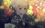  1girl aerial_fireworks bangs blue_archive blush cloud_print cross_hair_ornament fireworks green_eyes hair_bun hair_ornament halo hare_(blue_archive) highres japanese_clothes long_sleeves looking_at_viewer mochigome_(ununquadium) single_hair_bun solo white_hair 