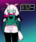  &lt;3 2022 2_horns anthro black_clothing black_legwear blush bodily_fluids bovid caprine clothing deltarune dialogue english_text eyewear front_view fur girly glasses goat green_clothing green_eyes green_eyewear green_glasses green_robe horn legwear looking_down male mammal open_mouth pink_horn pink_scarf raised_robe ralsei ribbon_chastity robe scarf solo somik speech_bubble sweat sweatdrop text thigh_highs undertale_(series) video_games white_body white_clothing white_fur white_robe 